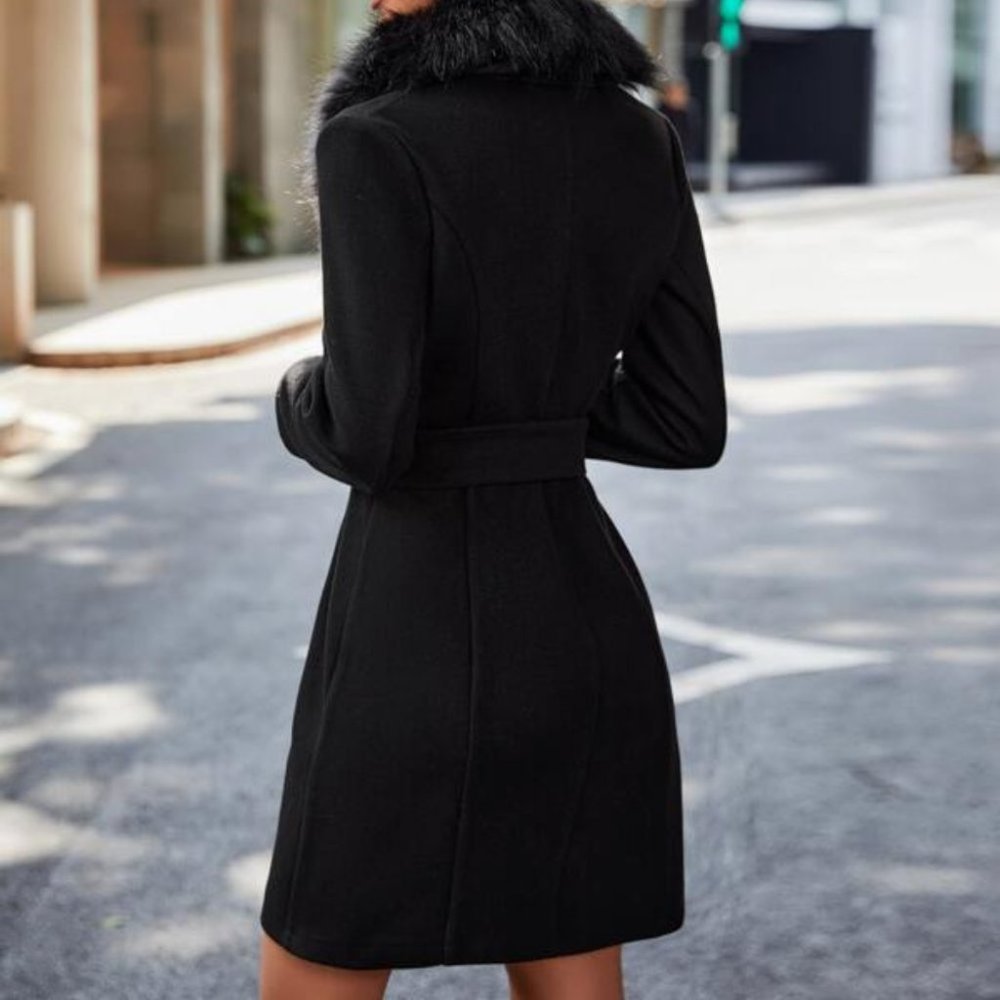 Faux Fur Trimmed Trench Coat black - Picture 6 of 7